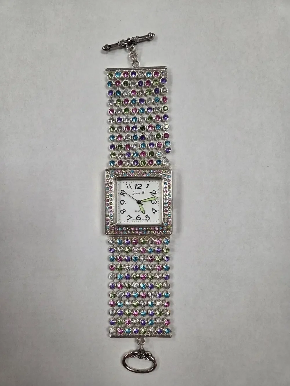 Jennie B Colorful Rhinestone Silver Square Face Women's Jewelry Boutique Watch